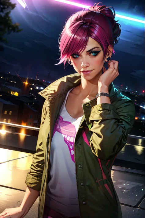 (extremely detailed CG unity 4k wallpaper),(best illustration),(best shadow),(absurdres), (simple night background), fetchxl, multicolored hair,pink hair, blue eyes, green jacket,white shirt with logo,shorts,earrings,jeans, standing,upper body, city roofto...