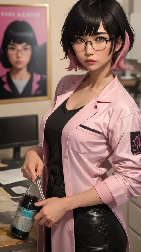 close up, Suzuka Asian, (hair and bangs), round glasses, cyberpunk, sci-fi, Luis Ricardo Falero painting, edgy painting, masterpiece, (detailed face) (wearing pink lab coat and scrubs)(modest) (in scifi lab with sleep pod)(propaganda poster)(recruiting ad)...