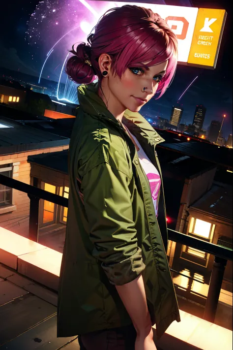 (extremely detailed CG unity 4k wallpaper),(best illustration),(best shadow),(absurdres), (simple night background), fetchxl, multicolored hair,pink hair, blue eyes, green jacket,white shirt with logo,shorts,earrings,jeans, standing,upper body, city roofto...