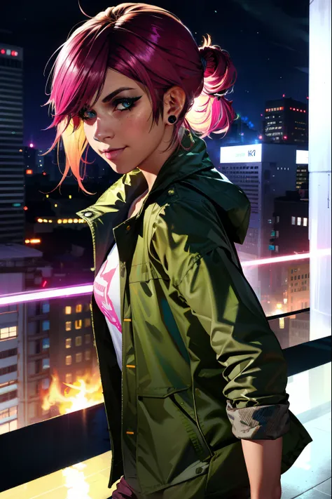 (extremely detailed CG unity 4k wallpaper),(best illustration),(best shadow),(absurdres), (simple night background), fetchxl, multicolored hair,pink hair, blue eyes, green jacket,white shirt with logo,shorts,earrings,jeans, standing,upper body, city roofto...