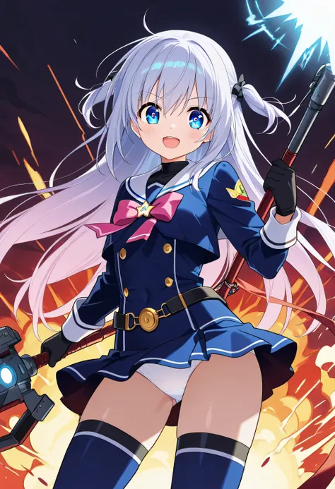 (white panties visible)、「A cute, 20-year-old anime-style girl、wearing a futuristic miniskirt combat sailor suit、moving like a battlefield goddess。while evading enemy laser attacks at high speed、countless sparks are scattered。while evading enemy laser attac...