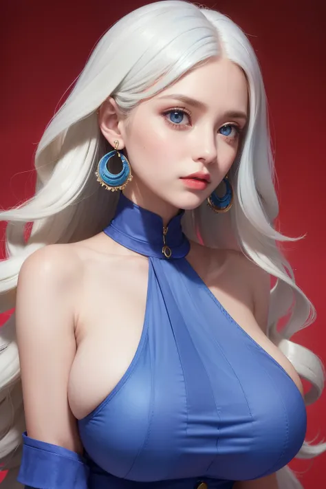 Female((30year old)), hair((Ivory blue, wavy, long)), eyes((big eyes, blue)), clothes((suede)), accessories ((earrings)), gigantic breast, big breast, red lips, blank background, 