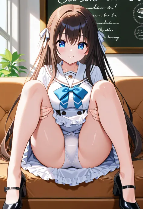 (white panties visible)、wearing a Japanese sailor uniform。On a sofa in a cafe、and she looks happy while lifting both legs {x}。What I chose for the first date was、cute frilled dress with white lace。Soft skirt spreads softly、pumps with ribbons are adorable。H...