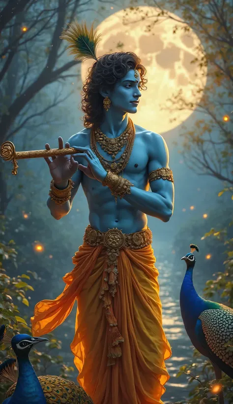 ultra-realistic, lifelike image of adult Lord Krishna, appearing as if captured in real life. He stands gracefully under the moonlit sky, surrounded by peacocks in a lush, serene forest. His radiant blue skin glows naturally under the celestial light filte...