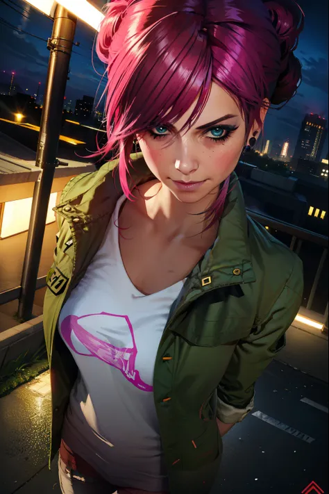 (extremely detailed CG unity 4k wallpaper),(best illustration),(best shadow),(absurdres), (simple night background), fetchxl, multicolored hair,pink hair, blue eyes, green jacket,white shirt with logo,shorts,earrings,jeans, standing,upper body, city roofto...