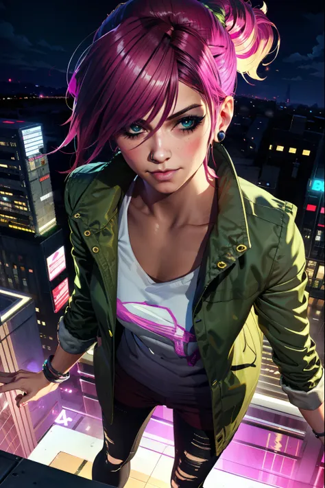 (extremely detailed CG unity 4k wallpaper),(best illustration),(best shadow),(absurdres), (simple night background), fetchxl, multicolored hair,pink hair, blue eyes, green jacket,white shirt with logo,shorts,earrings,jeans, standing,upper body, city roofto...