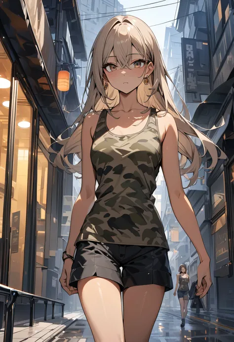 ((greatest masterpiece,Ultra High Quality:1.2)),(super resolution),(solo),cowboy shot,(Slender, slender high school girl walking around the city),beautiful face, healthy tan skin ,Light brown long hair,Perfect brown eyes,expressionless, camouflage tank top...