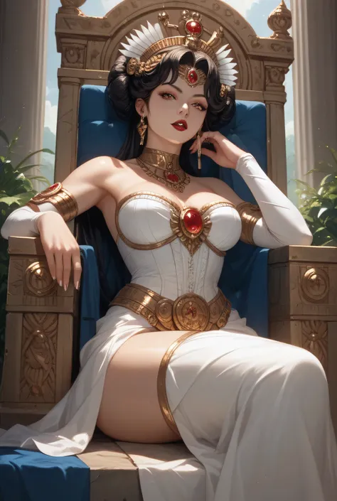 A majestic beautiful looking vampire queen sitting on a throne in an ancient greek ruin. 90's style anime. High detailed, beautiful esthetic. Grainy 80's feel. Very sharp 8k. Hands are biologically correct. Ultra crisp and sharp. 