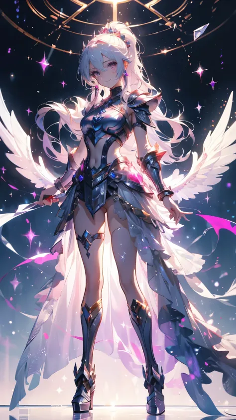 (( masterpiece, best quality)), exquisite face，Valkyrie，Crystal Holy Knight，Crystal Full Body Armor，Fuchsia Crystal，goddess，Little Angel， Smile，perfect body proportions， double ponytail hairstyle ，Beautiful White Eyes，fantasy style，white background，Transpa...