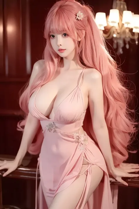 Beautiful woman with perfect body， prominent cleavage ，Layered Hairstyle，Skin Whitening，Long Pink Hair，Evening Dress