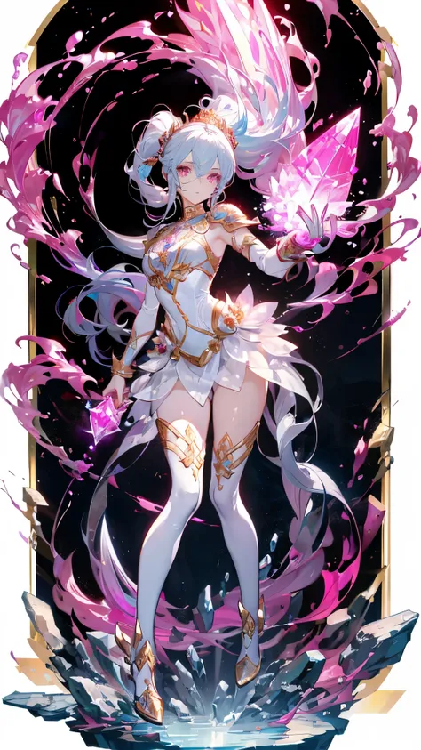 exquisite face，Valkyrie，Crystal Holy Knight，Crystal Full Body Armor，Fuchsia Crystal，Glowing gold jewel on the chest， perfect body proportions， double ponytail hairstyle ，Beautiful White Eyes，fantasy style，white background，Transparent