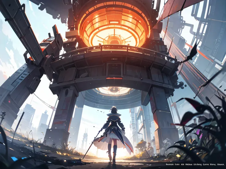 anime cover ; the frame is divided diagonally; above is a neon technological world with robots and machines; from below is a magical world of wild nature