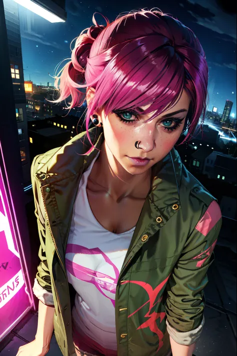 (extremely detailed CG unity 4k wallpaper),(best illustration),(best shadow),(absurdres), (simple night background), fetchxl, multicolored hair,pink hair, blue eyes, green jacket,white shirt with logo,shorts,earrings,jeans, standing,upper body, city roofto...