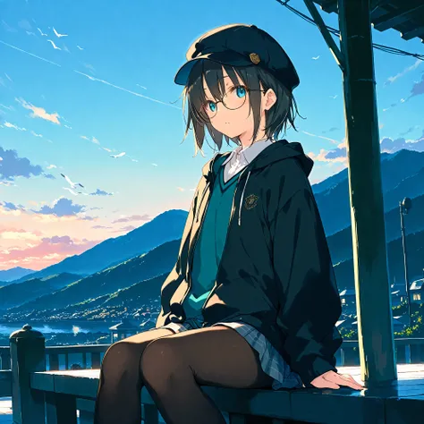 (masterpiece), (best quality), (ultra-detailed),artist:kokonoka, 1girl, short hair, cap, glasses, sitting, outdoors, very aesthetic illustration,cinematic lighting