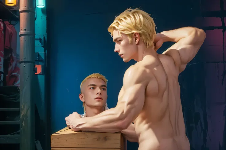 2 men, one man wear white open shirt tan skin and black skinhead hair,other one blonde mullet hair showing back , ((looking each other)),HIGH detail,4k, realistic,muscular