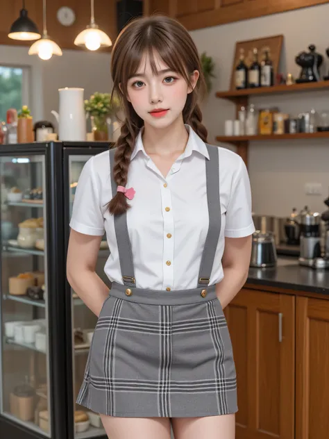 Highest quality, RAW photo, Ultra HD, 18-year-old Korean, beauty, big breasts:1.5, breast crack:1.5, healthy skin tone, fair and smooth skin, (Braid, Flowing hair), ((Light brown silver hair)), beautiful eyes in various colors, thin lips, beautiful eyes wi...