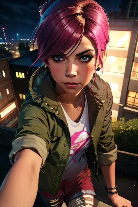 fetchxl, multicolored hair,pink hair, blue eyes, green jacket,white shirt with logo,shorts,
