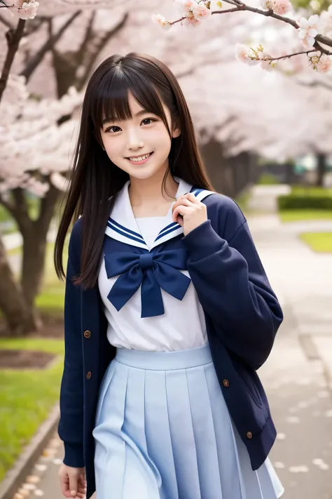 A cute Japanese high school girl walking through a row of cherry blossoms、navy blue sailor suit、semi-long、 black hair、front、smile、 from head to toe、super high quality