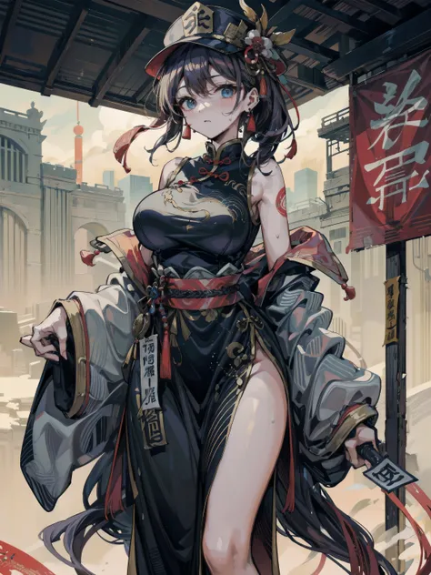 ideal ratio body proportions, perfect anatomy, correct body, earring, large breasts, narrow waist, short hair, black hair, wavy hair, hair behind ear, half updo, looking at viewer, sweat, cowboy shot, outdoor, dress, braid, chinese clothes, headwear, ofuda...