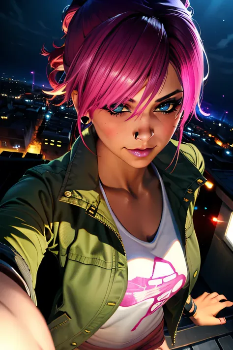 looking at viewer romantically, (extremely detailed CG unity 4k wallpaper),(best illustration),(best shadow),(absurdres), (simple night background), fetchxl, multicolored hair,pink hair, blue eyes, green jacket,white shirt with logo,shorts,earrings, standi...