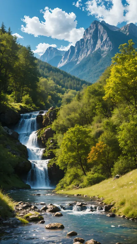ultra-realistic photography, 4K, HD, realistic, exquisite details, textured , clear and sharp , bright colors, natural light, Mountain peaks over the sky, blue sky and white clouds, murmuring stream , deer drinking water by the stream, Serene and Peace...