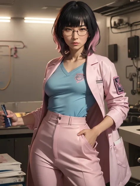 Suzuka Asian, (hair and bangs), round glasses, cyberpunk, sci-fi, Luis Ricardo Falero painting, edgy painting, masterpiece, (detailed face) (wearing pink lab coat and scrub pants)(modest) (in scifi lab with sleep pod)(propaganda poster)(recruiting ad) very...