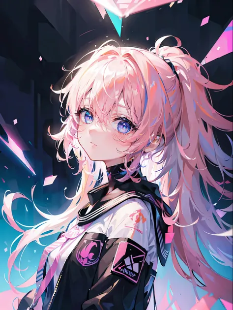 ((masterpiece)), (alone),( dynamic angle),album, (mistake), ( 1girl :1.3), Pink Hair , long hair, ( alone:1.2),(nice looking face),(++++ (exquisite eyes)), medium bust,(painting), ((messy hair), Colored Hair , striped hair),night, (neon lights), light sm...