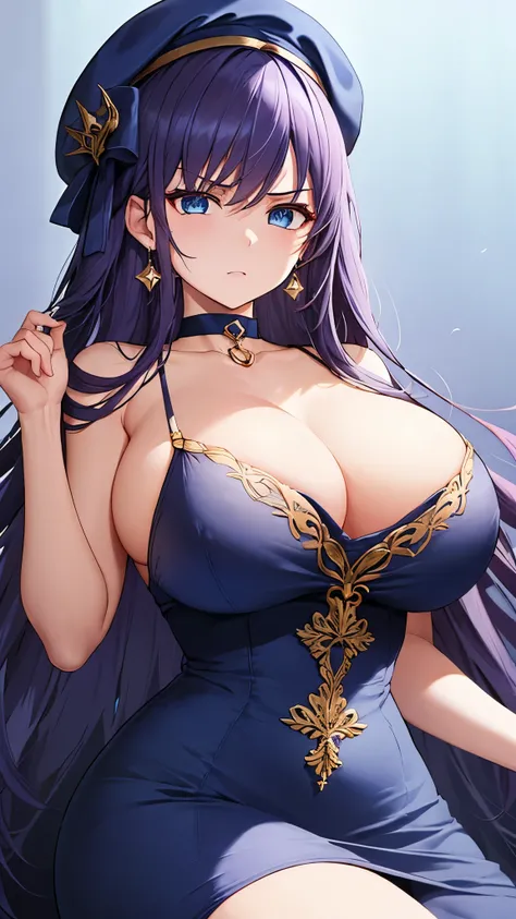 top quality、 top quality、 masterpiece、 beauty、dark blue-purple long hair、 blue eyes、(luxurious navy blue dress)、 Big Breasts 、(very large breasts:1.4)、 angry face、 navy blue choker 、earrings、(  beret,)