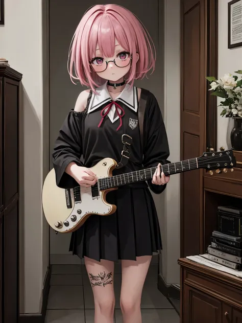 BOCCHI THE ROCK! A skinny punk girl with a tattoo on her shoulder and neck with pink hair with glasses and in a school uniform with a guitar in her hands in the room, she is a hidden shy personality, prison.