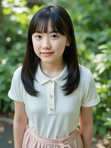 elementary school girl wearing an naked polo shirt, long hair, upper body, ((from above, high angle, higher angle, looking up)), (10yo girl, small chest:1.3), park
