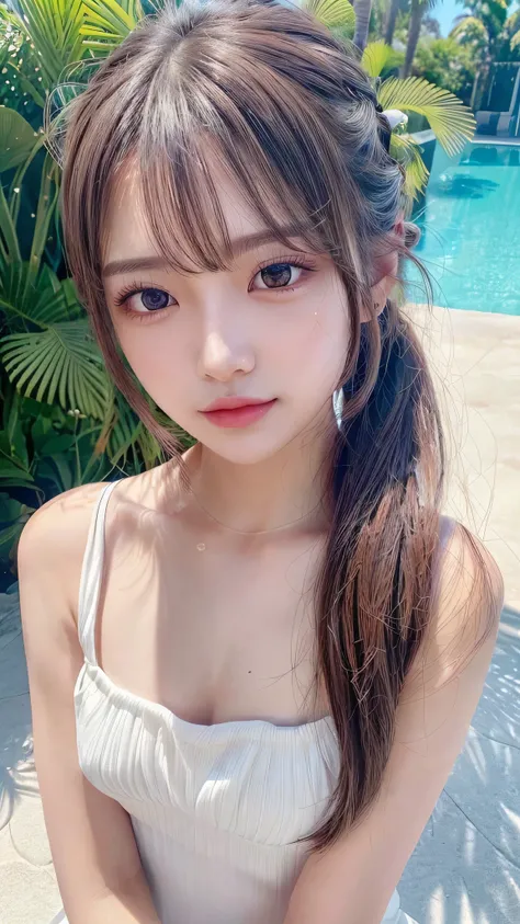 wearing white bikini,resort poolside,Body in front,Ultra-detailed, finely detail, hight resolution, 8K Wallpaper, Perfect dynamic composition, Beautiful detailed eyes,,Close-up of face,,Blushing,Facing forward,Long hair ponytail,((8K, Original photo, Best ...