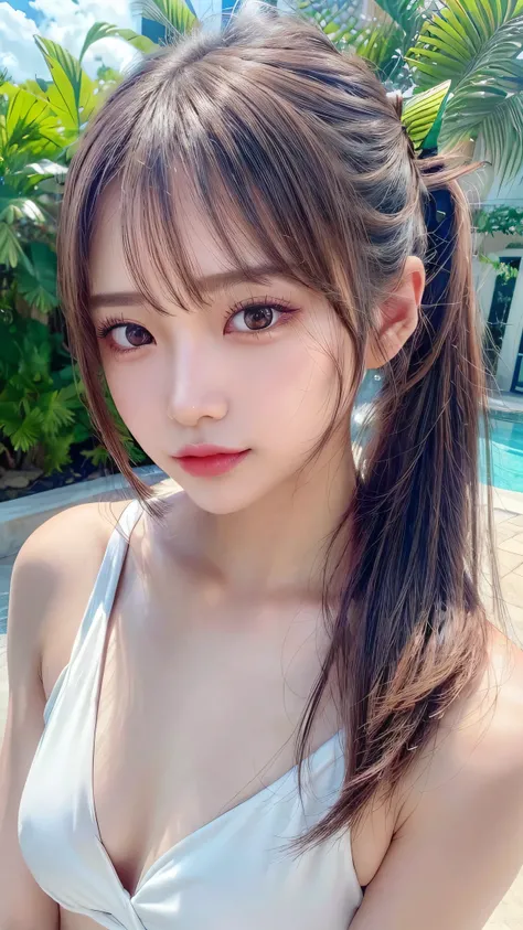 wearing white bikini,resort poolside,Body in front,Ultra-detailed, finely detail, hight resolution, 8K Wallpaper, Perfect dynamic composition, Beautiful detailed eyes,,Close-up of face,,Blushing,Facing forward,Long hair ponytail,((8K, Original photo, Best ...