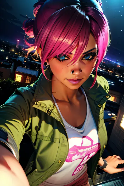 looking at viewer romantically, (extremely detailed CG unity 4k wallpaper),(best illustration),(best shadow),(absurdres), (simple night background), fetchxl, multicolored hair,pink hair, blue eyes, green jacket,white shirt with logo,shorts,earrings, standi...