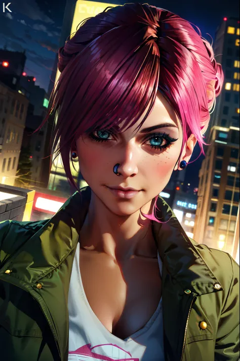 looking at viewer romantically, (extremely detailed CG unity 4k wallpaper),(best illustration),(best shadow),(absurdres), (simple night background), fetchxl, multicolored hair,pink hair, blue eyes, green jacket,white shirt with logo,shorts,earrings, standi...