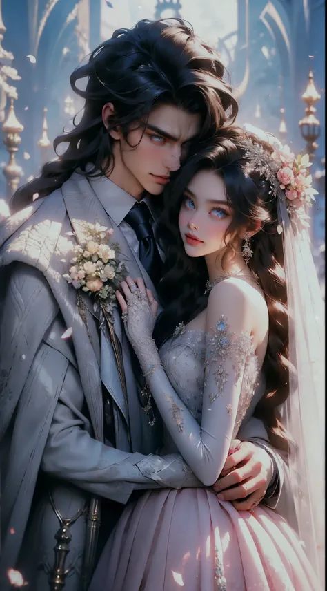 1girl, 1boy, dress, brown hair, wedding dress, jacket, hetero, necktie, couple, smile, strapless dress, closed eyes, pants, strapless, veil, flower, long hair, holding, jewelry, gloves, shirt, necklace, bouquet, white pants, holding bouquet, white dress, b...
