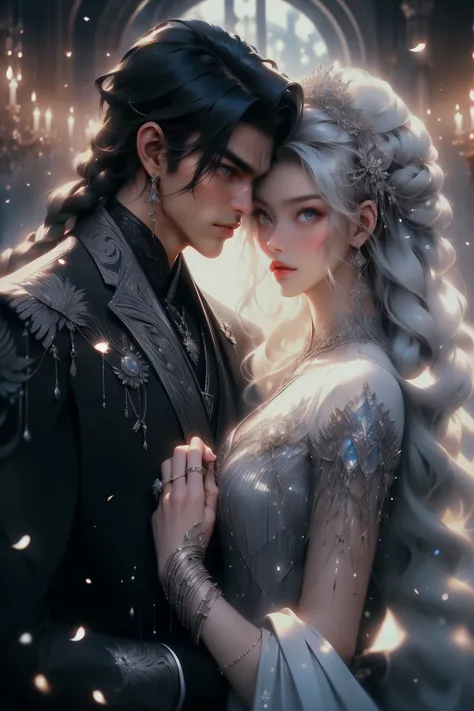 Woman with long gray hair、Short-haired man with black hair、husband and wife、a couple、date、stare at each other、