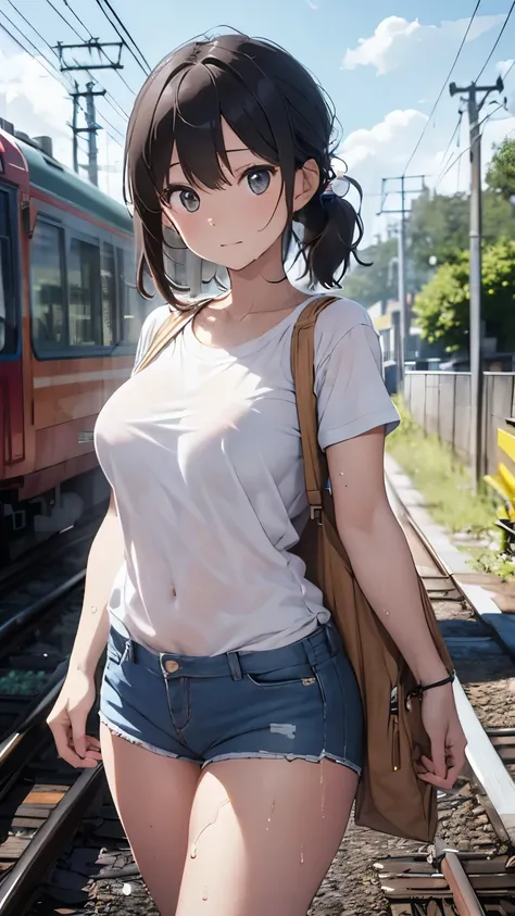 plain white t-shirt wet with water、Hachi Kiriren Boobs、Her breasts are visible、no bra、Blue Shorts、Bare legs、Empty wilderness and far-reaching railroad tracks、blue sky and entrance clouds 、