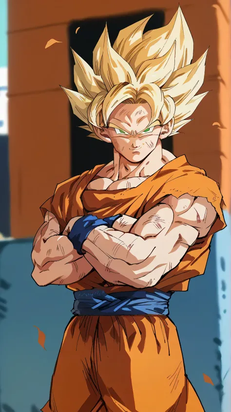 score_9, score_8_arriba, score_7_arriba,   source  _anime, 1 , Alone , Son Goku Sarribaer Saiyan, blond hair,  green eyes ,  smile, muscular, crossed arms, orange shirt, orange pants, blue boots,  of foot,  Japanese street background, per day,  from the fr...