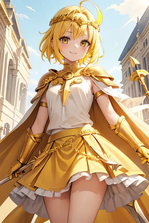 (((yellow hair))), medium hair, half updo, (((Gold Circlet on forehead))), beige eyes, smile, small breasts, (((yellow Plain t-shirt))), (((white Luxurious Armor))), (((Yellow Cape))), yellow gloves, (((yellow skirt))), white socks, (((Holding a spear))), ...