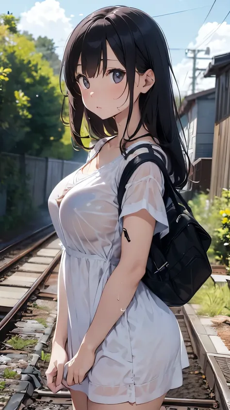 plain white t dress wet with water、Hachi Kiriren Boobs、Her breasts are visible、no bra、Blue Panties、Bare legs、Empty wilderness and far-reaching railroad tracks、blue sky and entrance clouds 、