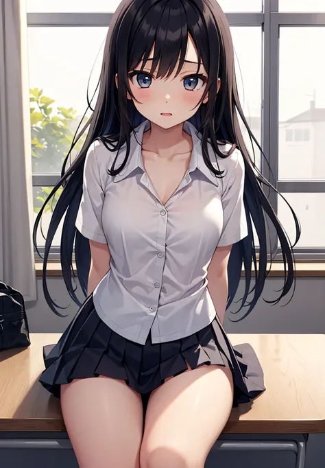 horny middle school girls 、Beautiful Black Haired Girl、long hair around the chest、Wide-open eyes、Short-sleeved uniform、white collared blouse、Collarbone in full view、Fuckless、pleated skirt、 horny thighs、 black socks、Kamigami、Hide your arms behind your back...