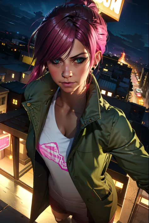 looking at viewer, (extremely detailed CG unity 4k wallpaper),(best illustration),(best shadow),(absurdres), (simple night background), fetchxl, multicolored hair,pink hair, blue eyes, green jacket,white shirt with logo,shorts,earrings, standing,upper body...