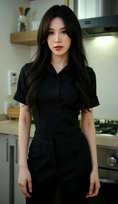 A beautiful woman, standing in the kitchen, front facing, using a long black nurse uniform, Black trousers, big boobs, red lips, long hair up to calves