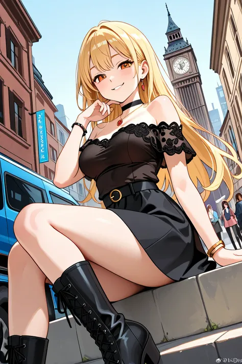 A digital illustration shoot from a front camera angle about a Japanese woman in her mid 20's sitting outside on a city street with a lustful expression, wearing a stylish outfit and jewelry. the image also shows a cityscape with buildings, a clock tower, ...