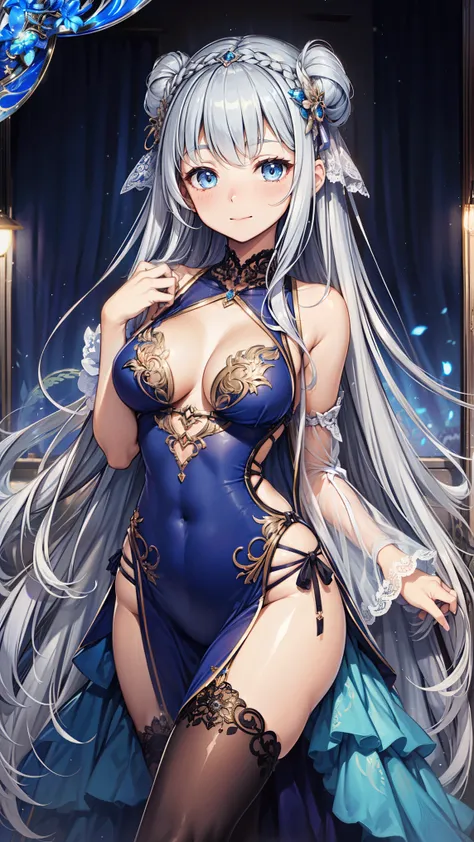 Girl，Obsessed， Have Fun ，in love，(magical dress combination)，silver hair，blue eyes，Clear and transparent clothing，Exquisite hair accessories， transparent lace ，Sky blue pattern， in the dark，Exquisite clothing，bedroom，alone， in the dark， Carved Sling Boots ...