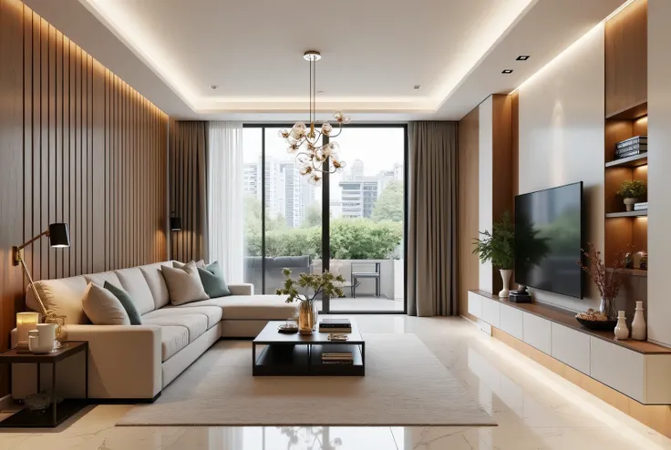 Large modern living room roomy and elegant with a minimalist yet luxurious design. The space has a neutral palette of white, beige and light gray , dots in warm wood tones and metal details. A large sofa, comfort with luxurious cushions arranged around the...