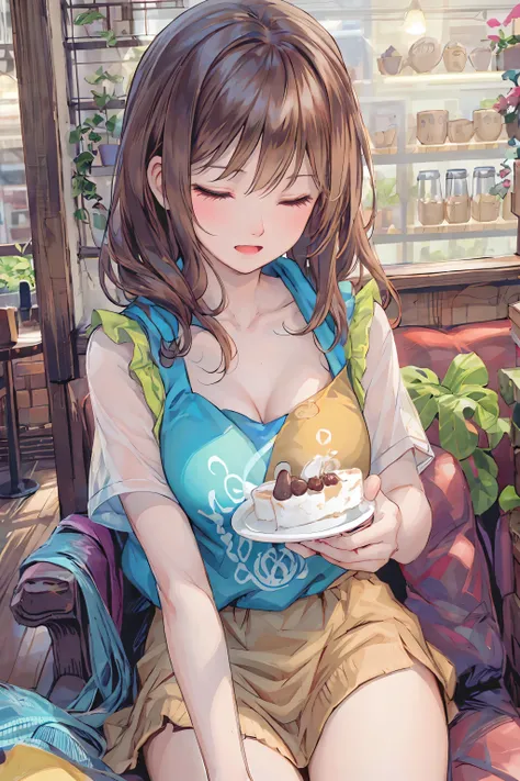 High quality beautiful illustrations, best quality, cute girl, Sit in a cafe, perfection,  eating cake ,  happy expression , happy, open your mouth, close eyes, casual clothes, Thin clavicle, long black hair, Delicate brushwork, realistic, stares at, 4K Hi...