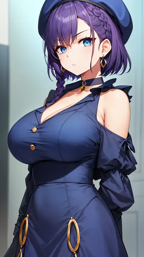 top quality、 top quality、 masterpiece、 beauty、Dark Blue Purple Short Hair(side braid)、 blue eyes、(dark blue dress)、 Big Breasts 、(very large breasts:1.4)、 angry face、 navy blue choker 、earrings、( beret,)