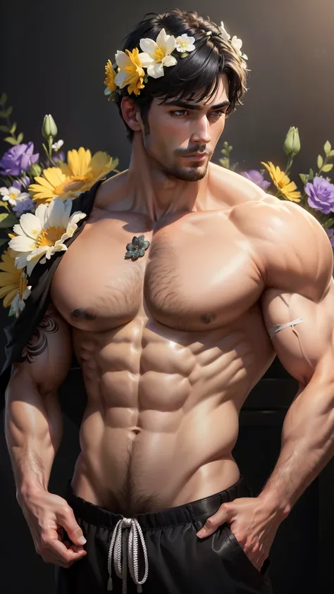 best quality,masterpiece,ultra high level of detail, a handsome and muscular man,short black hair,shirtless,(Flowers on the shoulder ),(With flowers on your black micro wire),Realistic,gray background,  flowers on the head ,yellow, violet and white flowers...