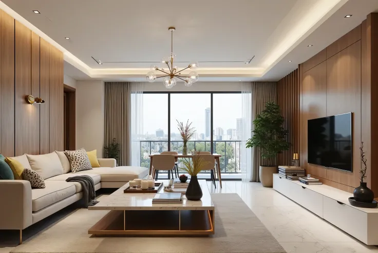 Large modern living room roomy and elegant with a minimalist yet luxurious design. The space has a neutral palette of white, beige and light gray , dots in warm wood tones and metal details. A large sofa, comfort with luxurious cushions arranged around the...